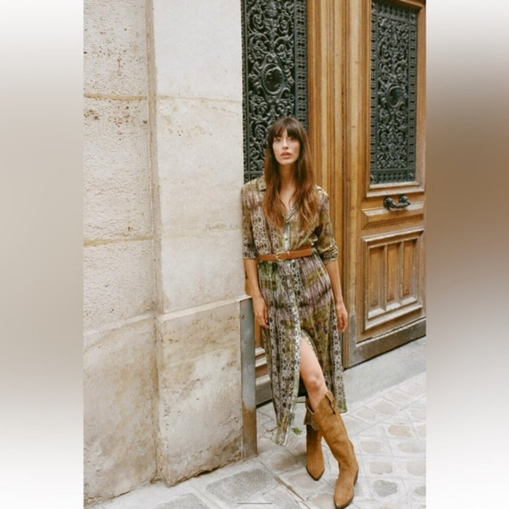 ZARA METALLIC THREAD BELTED PRINTED DRESS